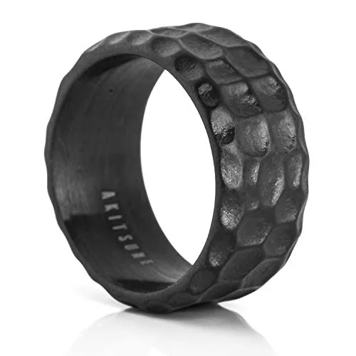 Akitsune Terra Ring | Fels Granit Gehämmert Ring Herren Edelstahl Designer Mattschwarz - US 9