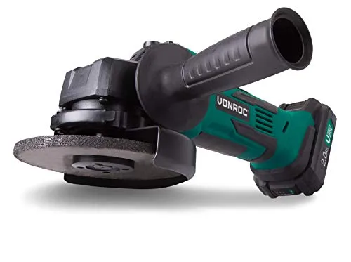 VONROC Akku-Winkelschleifer 115mm, VPower 20V - Inkl. Seitengriff und Aufbewahrungstasche (Mit 2Ah Akku & Ladegerät)