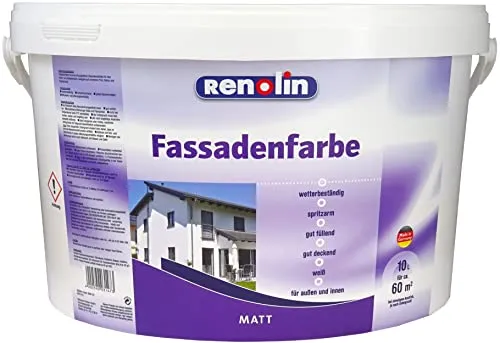 Renolin Fassadenfarbe 10 l – Wetterbeständige Zementfarbe für Außen - Lacke: Hochwertige Acrylfarbe für Beton und Mauerwerk, ideal für Außenanwendungen mit einer Abdeckung von 41-50 m² und schnellem Trocknen.