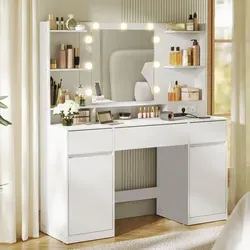 VASAGLE Schminktisch mit LED-Beleuchtung und Steckdosen - Weiß - Moderner Schminktisch mit werkzeugloser Montage, 3 Lichtfarben und viel Stauraum. Ideal für Ihr Schlafzimmer oder Ankleidezimmer!