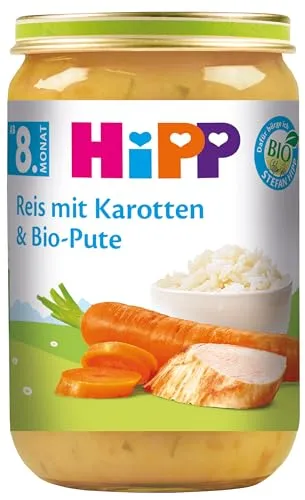HiPP Reis mit Karotten und Bio-Pute (6 x 220g), Babygläschen ab 8. Monat, ohne Salzzusatz, glutenfrei, mit feinen Stückchen - zum Kauenlernen
