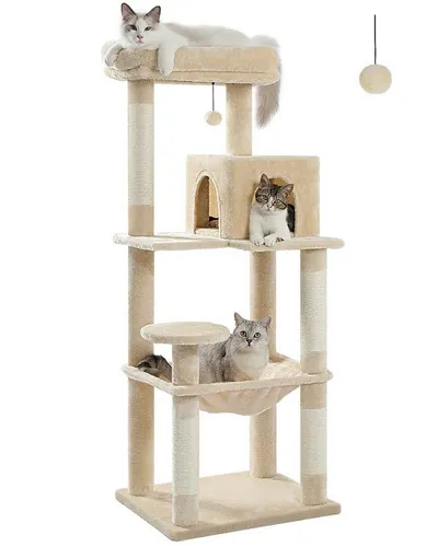 Purpurra Katzenbaum für große Katzen mit Hängematte - Beige, 116cm/143cm - Bequemer Katzenbaum mit Hängematte für große Katzen. Bietet Klettermöglichkeiten, Rückzugsorte und Kratzmöglichkeiten, ideal für aktive und entspannte Momente. Stabil und pflegeleicht, perfekt für mehrere Katzen.