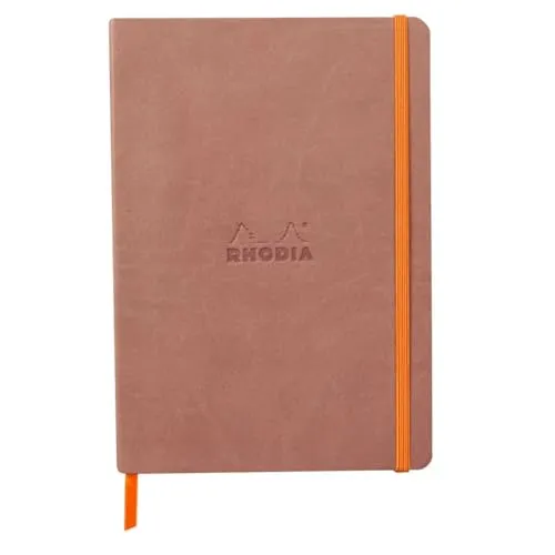 Rhodia 117438C - Notizheft Softcover Rhodiarama DIN A5 (14,8x21 cm), 80 Blatt, liniert Clairefontaine Papier Elfenbein 90g Lesezeichen, Gummizugverschluss, Cover aus Kunstleder Roseholz, 1 Stück
