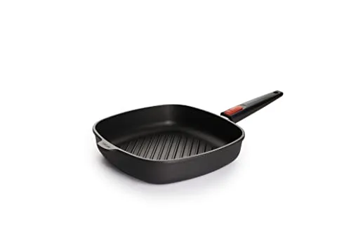 Woll – Nowo Titanium Grillpfanne 28x28 cm viereckig mit Rillen & abnehmbarem Stiel – Aluminiumguss Antihaftpfanne – für Ceran, Gas, Elektro & Halogen – nicht induktionsgeeignet, backofenfest