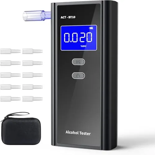 Milduall Alkoholtester Polizeigenau, Professioneller Alkoholmessgerät mit digitaler LCD-Anzeige Promillemessgerät Atemalkoholtester mit 10 Mundstücken, Gradgenauigkeit für Outdoor Patry