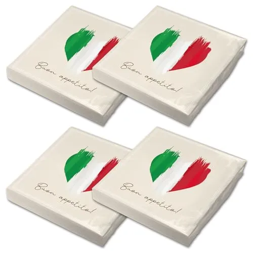 itenga 80x Servietten Italien Flagge Herz 30x30 cm 3-lagig – Buon Appetito – Papier-Servietten - Tischdeko