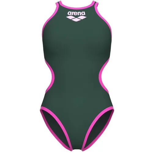 Arena One Big Logo Schwimmanzug Damen – Dark Sage-Shocking Pink, Größe 36 - Nahtloser Schwimmanzug aus langlebigem Max Life Eco-Material; schnelltrocknend, mit UPF 50+ Schutz und großem Logodetail für stilvollen Auftritt im Wasser.