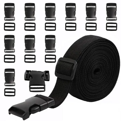 REAQUE 10 M Nylon Gurtband mit 10 Paare Schnallen, 2 cm strapazierfähiges Gurtband und Side Release Schnallen Clips für DIY Handwerk Rucksack Umreifung Tasche Gurtband Gepäck Befestigung Gurt