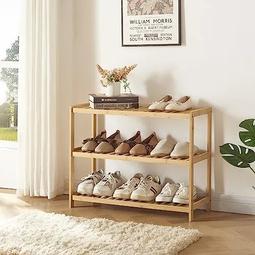 [en.casa] Schuhregal Dammfleth mit 3 Ablageflächen - Schuhablagen aus umweltfreundlichem Bambus, bietet Platz für bis zu neun Paar Schuhe und überzeugt durch sein elegantes Design. Einfacher Aufbau garantiert!