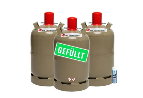 3x 11 kg Propan Gasflasche grau gefüllt - Sonstiges Camping & Outdoor, sichere und praktische Lösung für Grillen und Camping, inklusive Lecksuchspray für zusätzliche Sicherheit.