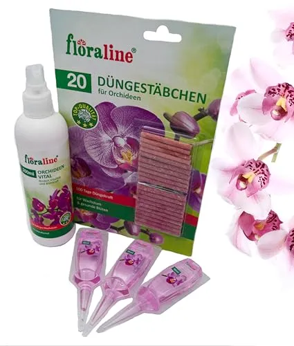 floraline® | Orchideendünger Starter Set: 20x Stäbchen, 3x Vitalkur & 250ml Vital-Spray | für Monate prächtige Blumen mit Wachstum und gesunden sowie glänzenden Blüten | Schonende Anwendung