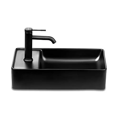 STILFORM Gäste WC Keramik Waschbecken für Wandmontage oder Aufsatzwaschbecken mit Hahnloch in 46 x 25 cm in Brillant Weiß oder Schwarz matt