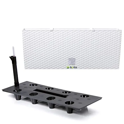 Pflanzkübel rechteckig Blumentopf Pflanzkasten 80 cm 72 L Weiss Blumenbank in Rattan-Optik Rato Serie mit Bewässerungssystem