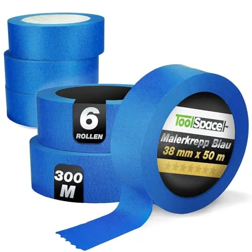 ToolSpace 6x Malerkrepp für präzise Farbkanten PROFI Kreppband 38 mm - 6 x 50m Abdeckband Blau Malertape Klebeband Malerband aus Krepp Streichen Lackieren Renovieren Selbstklebend Maler Abklebeband