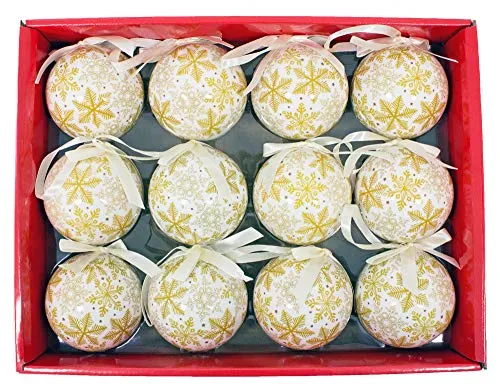 Trachtenland Kunststoff Weihnachtskugeln 6cm 12-TLG. - Schneeflocken Weiß Gold - Christbaumkugeln mit Dekor Weihnachtsschmuck Dekoration Weihnachten
