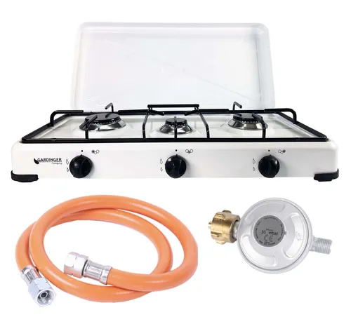 Set Trio Campingkocher weiß dreiflammig - Kochfelder für Camping und Outdoor, dreiflammig mit hoher Nennleistung, inkl. Gasschlauch und Regler für optimale Flexibilität.