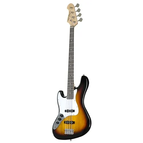 J & D JB E-Bass für Linkshänder - 3-Tone Sunburst - E-Bass für Linkshänder mit komfortablem schlanken Hals und robustem Lindenkorpus, ideal für Anfänger und bietet ein flexibles Klangspektrum.