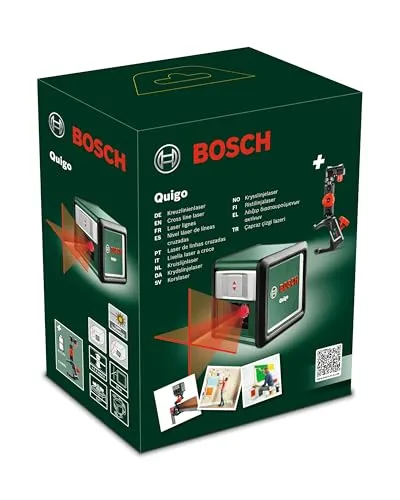 Bosch Kreuzlinienlaser Quigo 0603663500 - Selbstnivellierender Laser mit Klemme - Messgerät für präzise Nivellierarbeiten, selbstnivellierend mit rotem Laser. Inklusive Universalhalterung und Schnellmontage-Adapter für einfache Handhabung.