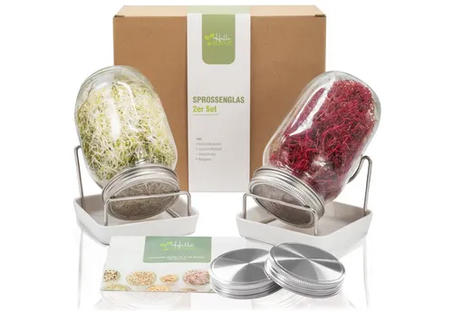 Hellosprout Anzuchttopf Sprossenglas, Keimglas Set, Sprossengläser 2 x 1000 ml (Sprossen Anzuchtset, Keimglas für Sprossen), Extragroße Öffnung und rostfreier Edelstahlsieb
