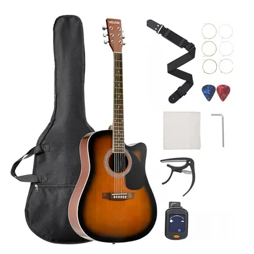 VEVOR Elektro Akustische Gitarre Cutaway 1041,4 mm, Anfängerpaket mit Gigbag, Stimmgerät, Gurt, Stahlsaiten, Plektren, Kapodaster, Palisandergriffbrett, für Fingerstyle-Solo-Jazz, Sunburst