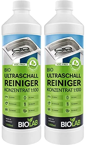 BIOLAB Bio Ultraschallreiniger Konzentrat (2 x 1000 ml) zur Reinigung von Brille, Schmuck, Zahnprothesen, Münzen - Ultraschall Reinigungsflüssigkeit für Ultraschallreinigungsgerät