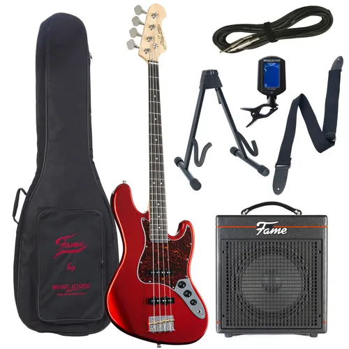 E Bass Anfänger Set J & D JB-DLX CAR + Gaia – Komplettes Set für Einsteiger - Ideal für E-Bass-Anfänger: Hochwertiger 4-String E-Bass mit Humbucker und 30 Watt Comboverstärker. Inklusive Zubehör für den perfekten Start in die Musik.