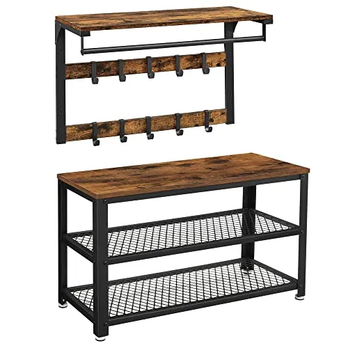 VASAGLE Wandgarderobe mit Schuhbank und 10 Haken in braun von VASAGLE