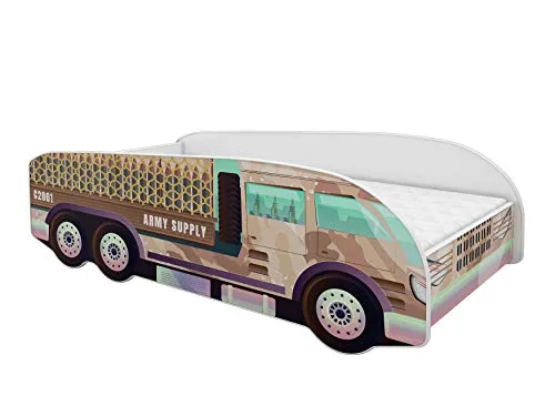 ACMA Kinderbett LKW Truck 140x70 cm Autobett Juniorbett für Kinder mit Matratze und Lattenrost, Spielbett mit Rausfallschutz, Kinderzimmer Bettmöbel, Design 10 Militär-LKW