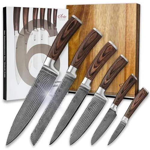 Wakoli Edib 6er Damastmesser-Set - Küchenmesser-Set aus 67 Lagen Damaststahl mit ergonomischen Pakkaholzgriffen, inkl. magnetischem Messerblock aus Akazienholz – ideal für Profiköche und Hobbyköche.
