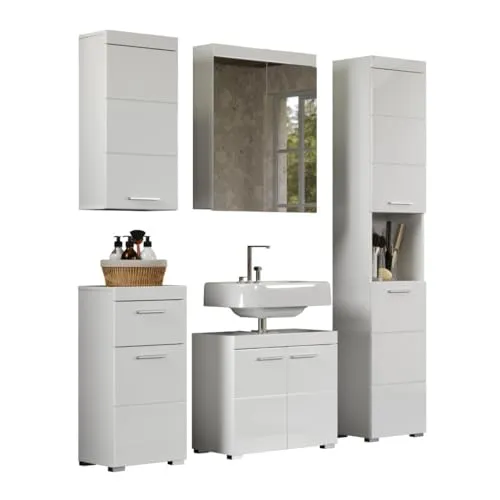 trendteam Bad Kombination Amanda 5-teilig in Weiß Hochglanz von trendteam