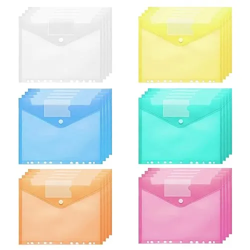 Ricyea Dokumententasche A4 zum Abheften, 24 Stück Transparent Dokumentenmappe A4, 6 Farben A4 Sichttasche Dokumenten Sammelmappen mit 11 Lochrand und Klettverschluss für Organisieren (24), Bunt