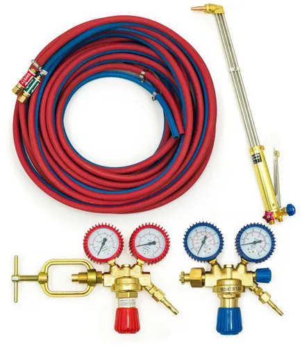 Schneidbrenner 65cm Set mit Acetylen-Sauerstoff - Gasschneidbrenner mit 10m Schläuchen, ideal für präzises Schneiden und Schweißen, ausgestattet mit Manometer und Rückschlagventilen für höchste Sicherheit.