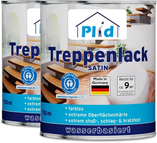 PLID® Treppen Klarlack Satin - 1,5l für Kork-, Parkett- und Holzfußböden - Ideal zum Versiegeln von Holztreppen und Möbeln im Innenbereich. Der geruchsarme Lack ist strapazierfähig und bietet hervorragende Lichtbeständigkeit. Made in Germany für höchste Qualität und zuverlässige Ergebnisse.