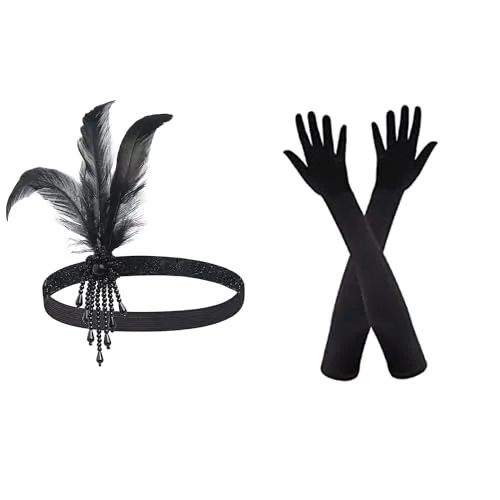 SKHAOVS 1920er Jahre Flapper Stirnband, 1920er Jahre Zubehör für Frauen, schwarze Ellenbogenhandschuhe mit Perlen Gatsby Kopfbedeckung, Great Gatsby Kostümzubehör, lange Abendhandschuhe für