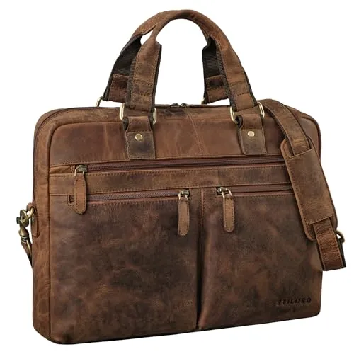 STILORD 'Eugen' Leder Aktentasche Umhängetasche mit Laptopfach 15,6 Zoll Vintage Bürotasche DIN A4 Notebooktasche Business Akten Tasche aus Echtem Leder, Farbe:sepia - braun