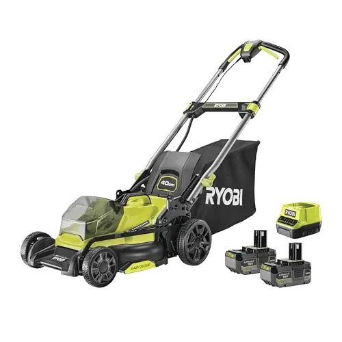 RYOBI 18 V ONE Brushless Akku-Rasenmäher RY18LMX40C-240 - Sichelmäher mit 40 cm Schnittbreite, inklusive 2 x 18 V 4,0 Ah Akkus für bis zu 250 m² Flächenleistung – ideal für mittelgroße Gärten.