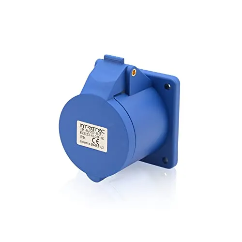 Intratec CEE Starkstrom Einbausteckdose gerade, 32 A, 3-polig – Industriestecker für Innen- und Außenbereich, Einspeisesteckdose IP44, 230 V, SB, RoHS, Reach, Blau/Grau