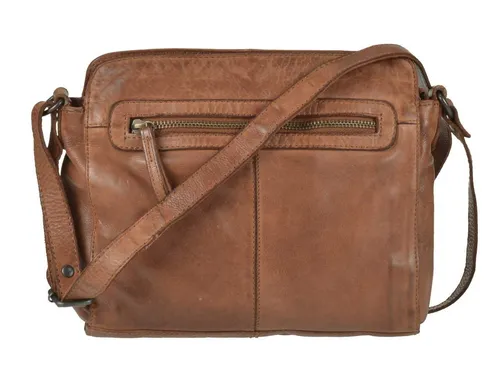 Bear Design Damen Umhängetasche aus Leder in Cognac - Elegante Schultertasche aus hochwertigem Leder, ideal für den täglichen Gebrauch mit praktischem Reißverschluss und stilvollem Design.