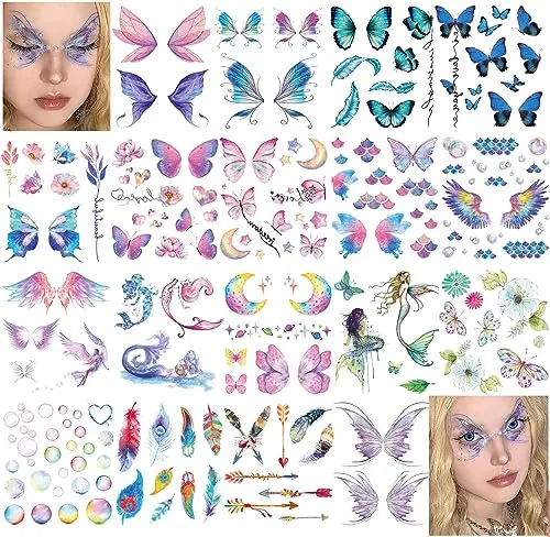 Rosymormor 18 Blatt Glitzer Gesicht Tattoo Set für Erwachsene - Schmetterling Blumen Klebetattoos zum Aufkleben für Party Festival Accessoires Make-up Coachella
