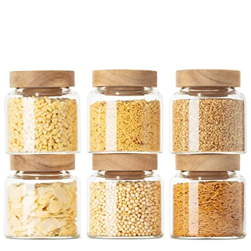 Econovo Vorratsdose Glas Set, 6-tlg. mit Holzdeckel - Vorratsdosen im Landhausstil, luftdicht und BPA-frei für sichere Aufbewahrung von Lebensmitteln. Ideal für große und kleine Mengen, hitzebeständig und spülmaschinenfest.