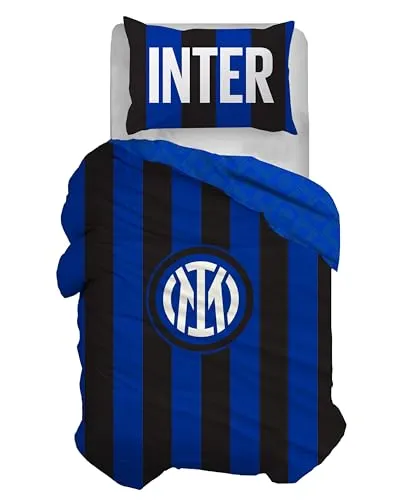 Inter, Bettwäsche-Set für Einzelbett, aus Baumwolle, Bettbezug 100% Baumwolle, Bettbezug 155 x 200 cm, Kissenbezug 50 x 80 cm, offizielles Produkt, (enthält kein Spannbettlaken mit Ecken)