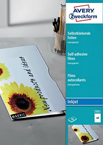 AVERY Zweckform 2501 Transparente Folien für Inkjetdrucker - 50 selbstklebende Folien im A4 Format für fotorealistische Ausdrucke, ideal zum Gestalten von Karten oder Bildern. Schnelle Farbaufnahme und unsichtbarer Aufklebeeffekt für perfekte Ergebnisse.