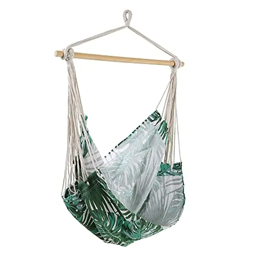 PATIO Hängesessel Outdoor Indoor Hängesitz Belastung 100 kg Holzstabe Schnüre Tropical Muster Pflanzenmuster weiß grün