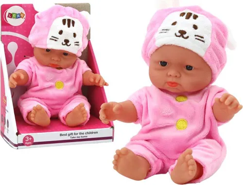 Kleine Babypuppe, rosa Kleidung, Hasenmütze
