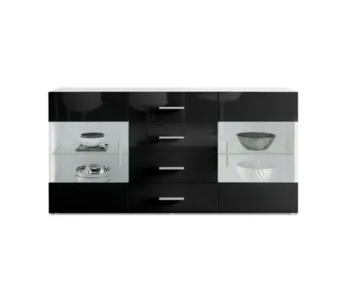 Vladon Sideboard Bari – Modernes Design mit 2 Türen und 4 Schubladen - Das stilvolle Sideboard Bari in Weiß matt und Schwarz Hochglanz bietet viel Stauraum und individuelle Dekorationsmöglichkeiten. Ideal für Wohnzimmer, Schlafzimmer oder Flur, vereint es Funktionalität und elegantes Design.
