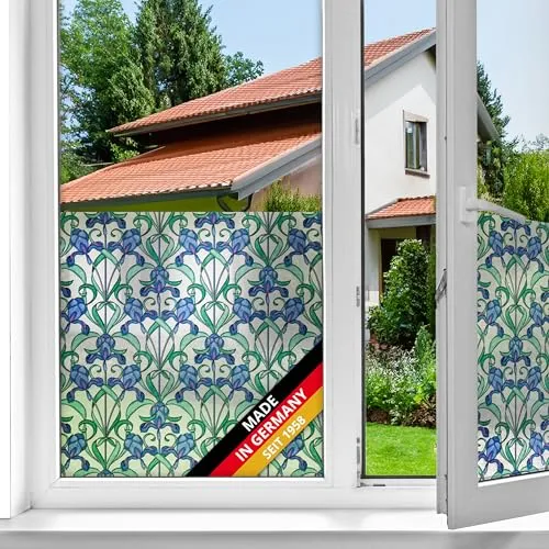 d-c-fix Fensterfolie Minster Blumen-Muster selbstklebend 45 cm x 2 m - blickdichte Sichtschutzfolie - Sichtschutz für Bad-Fenster, Küche - Folie Klebefolie Glasfolie Buntglas Motiv blau bunt