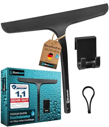 BLUMBACH® Duschabzieher schwarz - 28 cm Breite - Duschabzieher mit elastischer Silikonlippe für streifenfreies Abziehen ohne Quietschen. Inklusive Halterung für einfachen Zugriff in der Dusche.