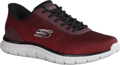 Skechers Track Revno Herren-Sneaker Rot/Schwarz 43.5 EU - Bequeme Herren-Sneaker mit schnürlosem Slip-In-Design und atmungsaktivem Mesh-Obermaterial. Ideal für den Alltag, dank gepolsterter Memory-Schaum-Einlegesohle und flexibler Gummi-Außensohle.