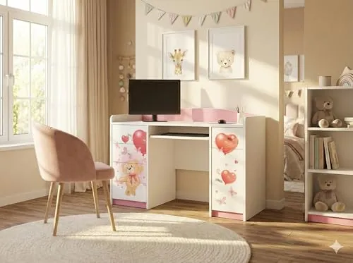 Happy Babies Schreibtisch für Kinder mit 5 Schubladen weiß Blau Kinderschreibtisch 125x89x60 Computertisch mit Tastaturablage Bürotisch für Kinderzimmer Muster Bärenjunges