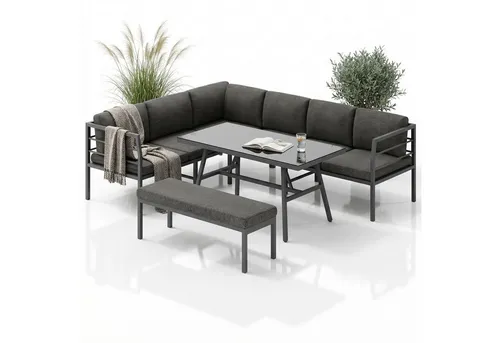 Mucola Gartenlounge-Set Gartenmöbel Set Ecklounge Aluminium Sitzgruppe wetterfest Essgarnitur, (wetterfest, resistent gegen Regen, Salzwasser und intensive Sonneneinstrahlung, 3-tlg., inkl. 6 wasserabweisende Sitz- und 7 Rückenkissen für mehr Komfort), und praktische Sitzbank und Tisch mit Glasplatte